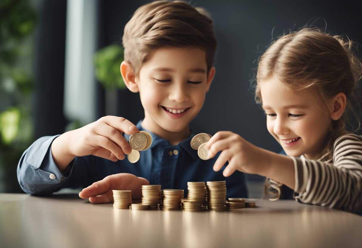 Uma criança recebe feliz moedas de um adulto, simbolizando o conceito de ganhar dinheiro desde cedo.