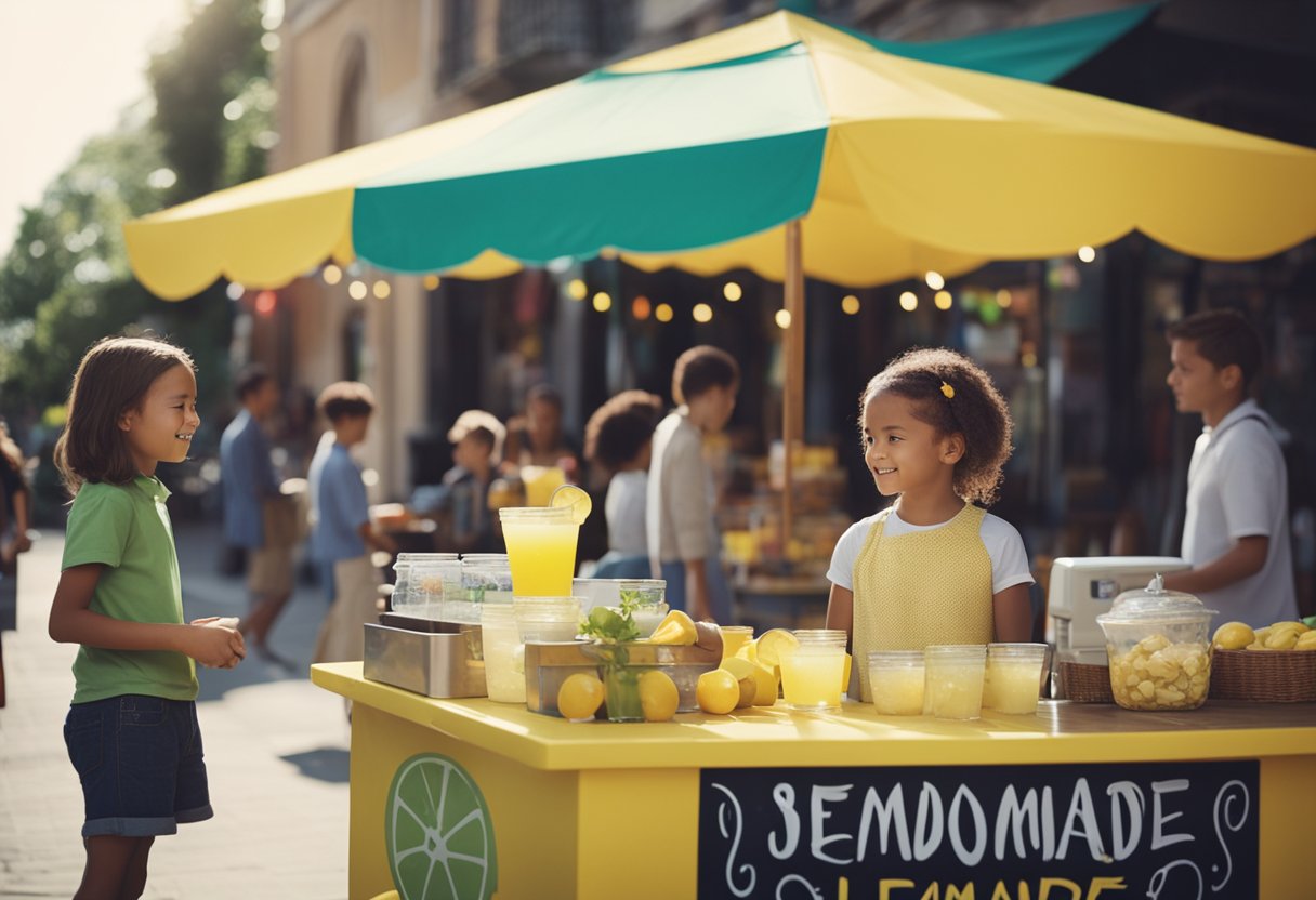 Uma criança montando uma barraca de limonada com placas coloridas e uma caixa registradora, cercada por clientes ansiosos
