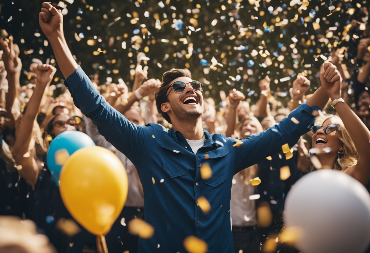 Uma pessoa comemorando com confetes caindo do céu e um enorme cheque de loteria na mão, cercada por amigos e familiares que aplaudem.