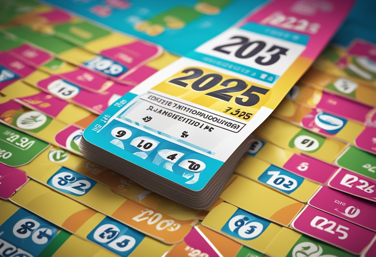 Um bilhete de loteria colorido com os números 2025 exibidos de forma proeminente, cercado por seis dicas úteis em um layout vibrante e convidativo