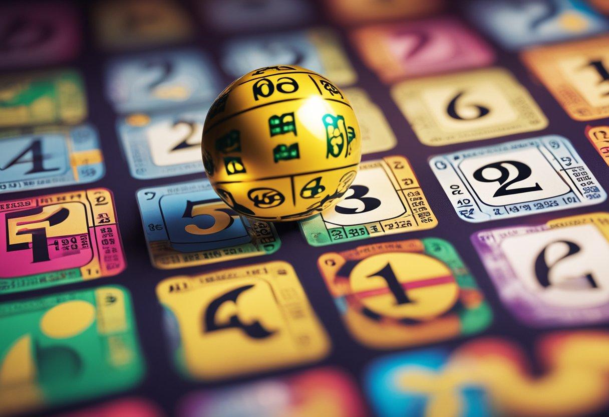 Um bilhete de loteria colorido cercado por seis símbolos da sorte e um jackpot brilhante, com um calendário mostrando o ano de 2025 ao fundo.