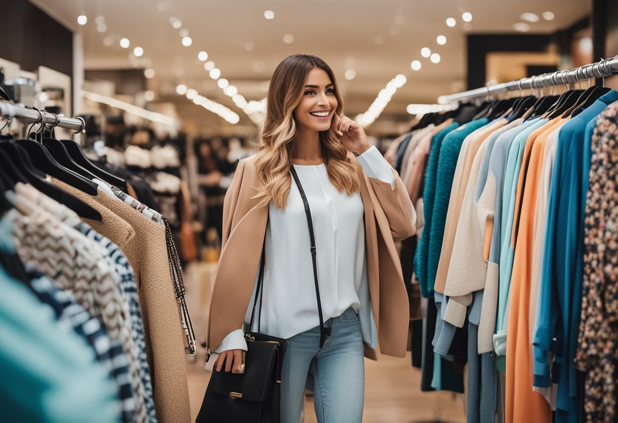 Um colorido conjunto de roupas da Shein, exibido de forma organizada com etiquetas de preço, cercado por clientes felizes navegando e selecionando suas peças favoritas.