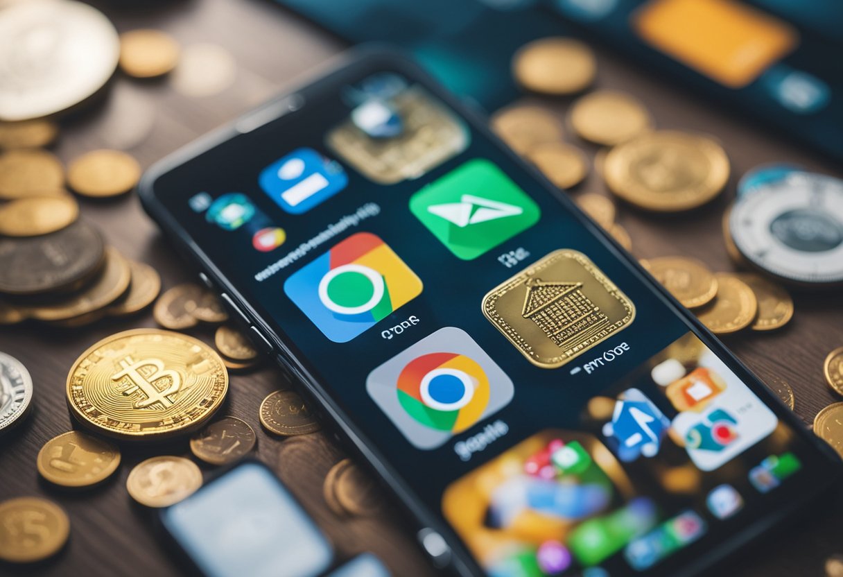 Um smartphone com um aplicativo da loja de jogos aberto, cercado por vários ícones de jogos e moedas virtuais