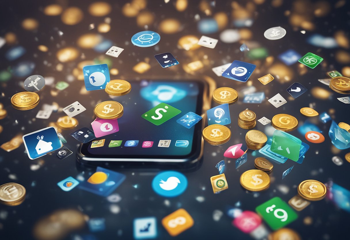Uma tela de smartphone exibindo vários ícones de jogos com símbolos de dinheiro flutuando acima deles