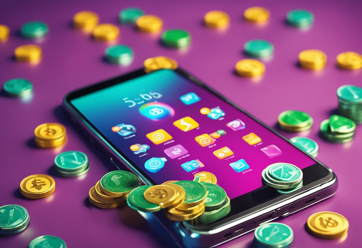 Um smartphone colorido com ícones de jogos e um símbolo de dinheiro flutuando acima dele