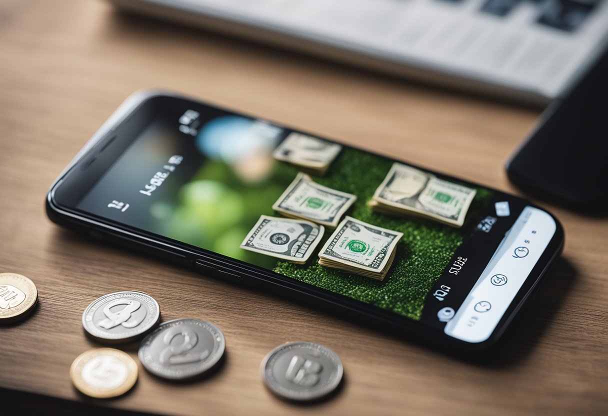 Um smartphone exibindo o aplicativo Kwai com um número crescente de visualizações e uma pilha de dinheiro ao lado.