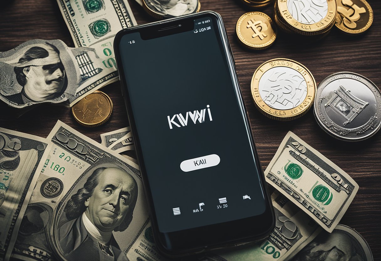 Um smartphone exibindo o aplicativo Kwai com um número crescente de visualizações e uma pilha de dinheiro ao lado.