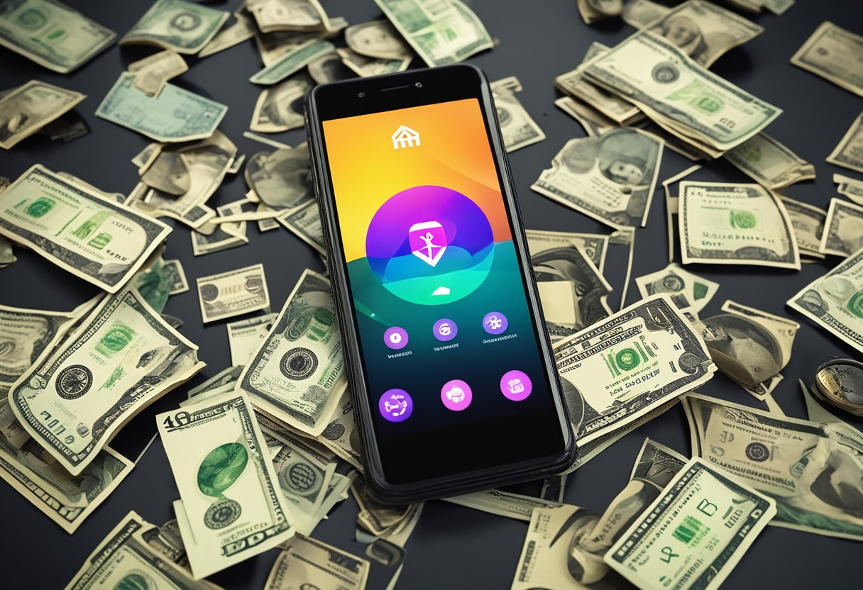 Um smartphone colorido exibindo o aplicativo Kwai, com uma sequência de vídeos e um símbolo de dinheiro, cercado por gráficos vibrantes e símbolos de dinheiro