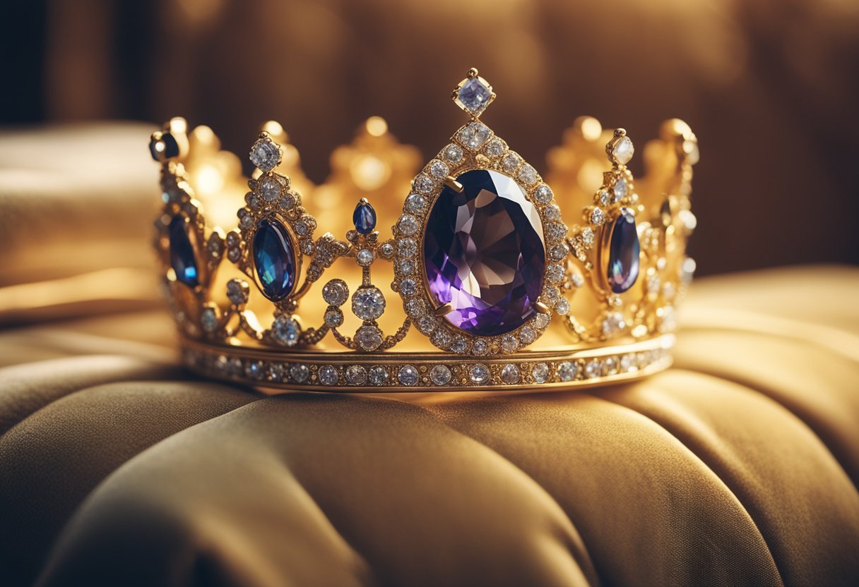 Uma coroa real incrustada de pedras preciosas repousa sobre uma almofada de veludo, banhada por uma suave luz dourada.
