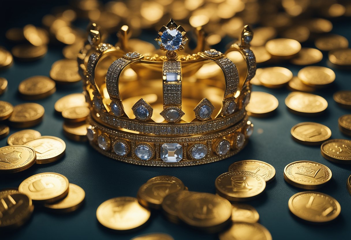 Uma gema cintilante cercada por pilhas de moedas de ouro e joias preciosas, com uma coroa real repousando nas proximidades.