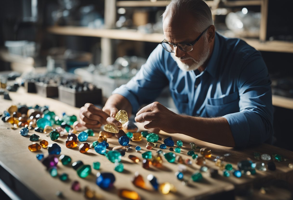 Um mestre joalheiro examina e avalia cuidadosamente uma coleção de pedras preciosas coloridas e radiantes, cercado por ferramentas e equipamentos em uma oficina bem iluminada.