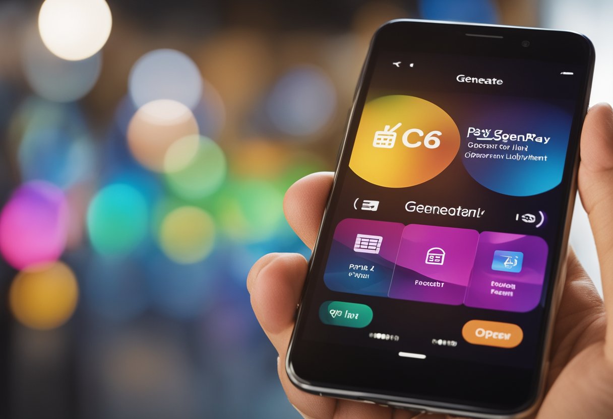 Um smartphone exibindo o aplicativo C6 Pay aberto na função 'Gerar Link de Pagamento', com uma interface colorida e moderna.