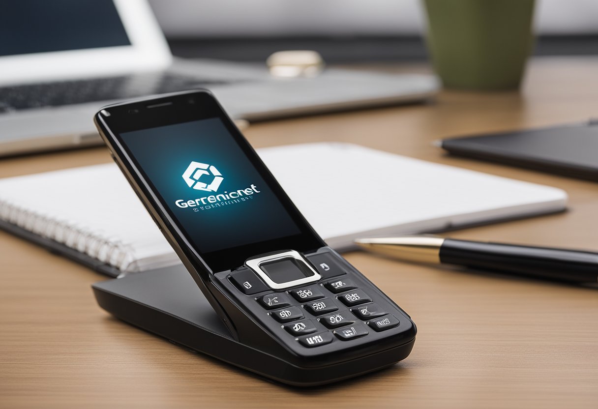 Um telefone com o logo da Gerencianet na tela, repousando sobre uma mesa com uma caneta e um bloco de notas ao lado.