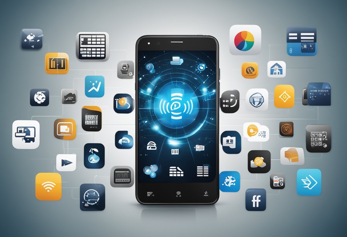 Um telefone com o logotipo da Gerencianet exibido na tela, cercado por vários ícones de pagamento e símbolos de transações financeiras.