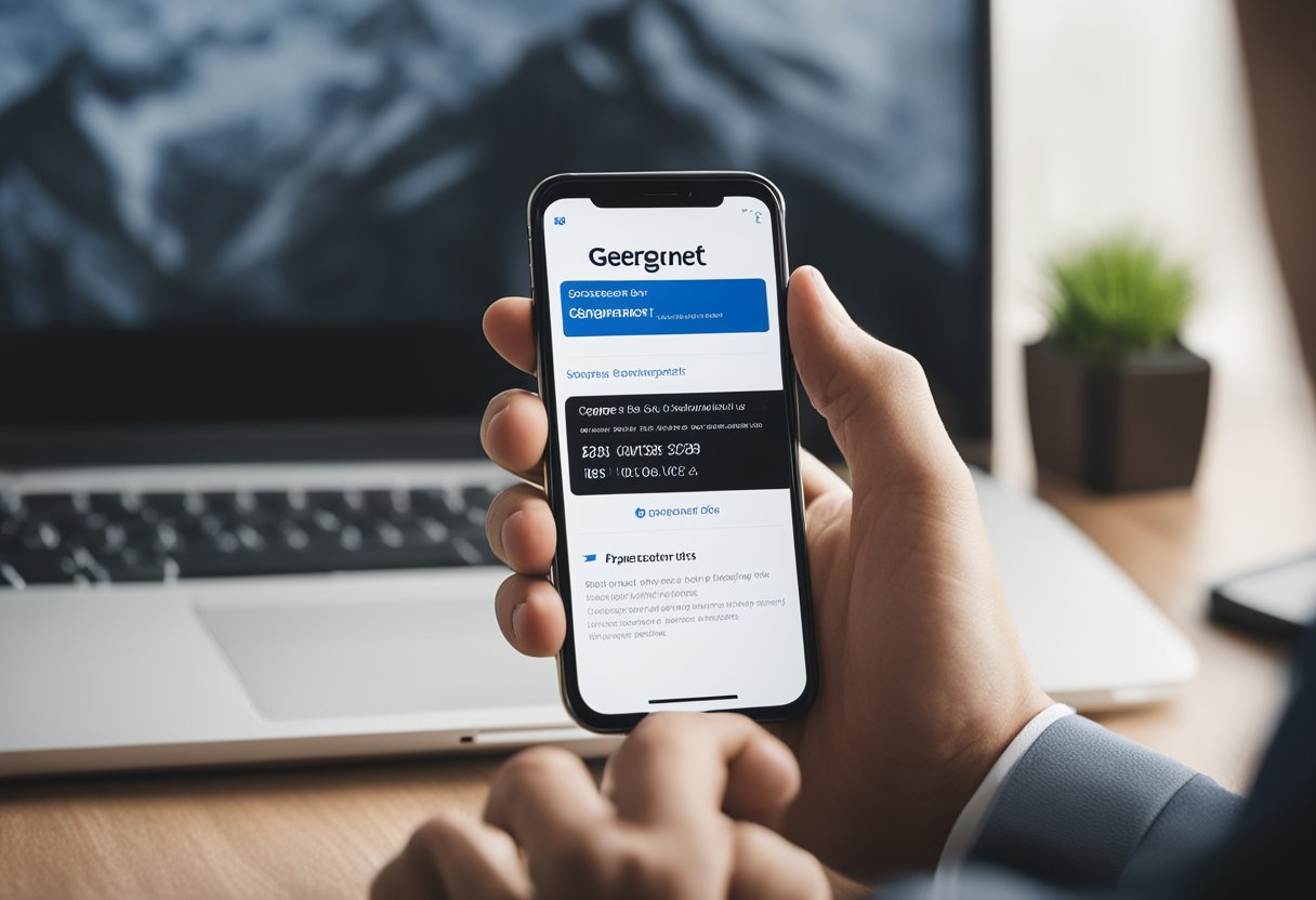 Uma pessoa segurando um smartphone com o site da Gerencianet exibido na tela, enquanto disca um número de telefone com uma expressão determinada.