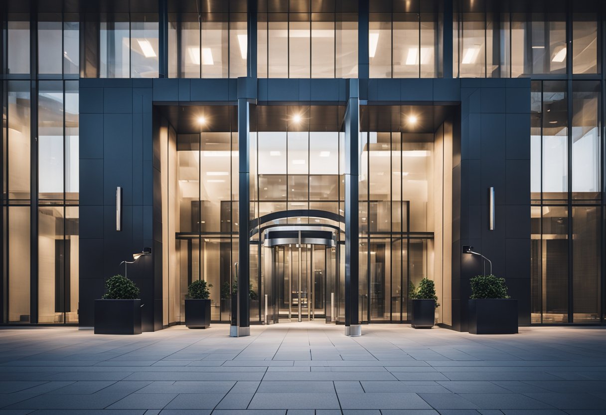 Um edifício bancário seguro e moderno com um design elegante e uma atmosfera profissional