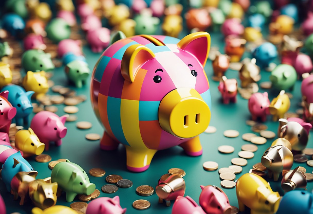 Um cofre colorido com um mecanismo rotativo, cercado por pessoas felizes e confiantes