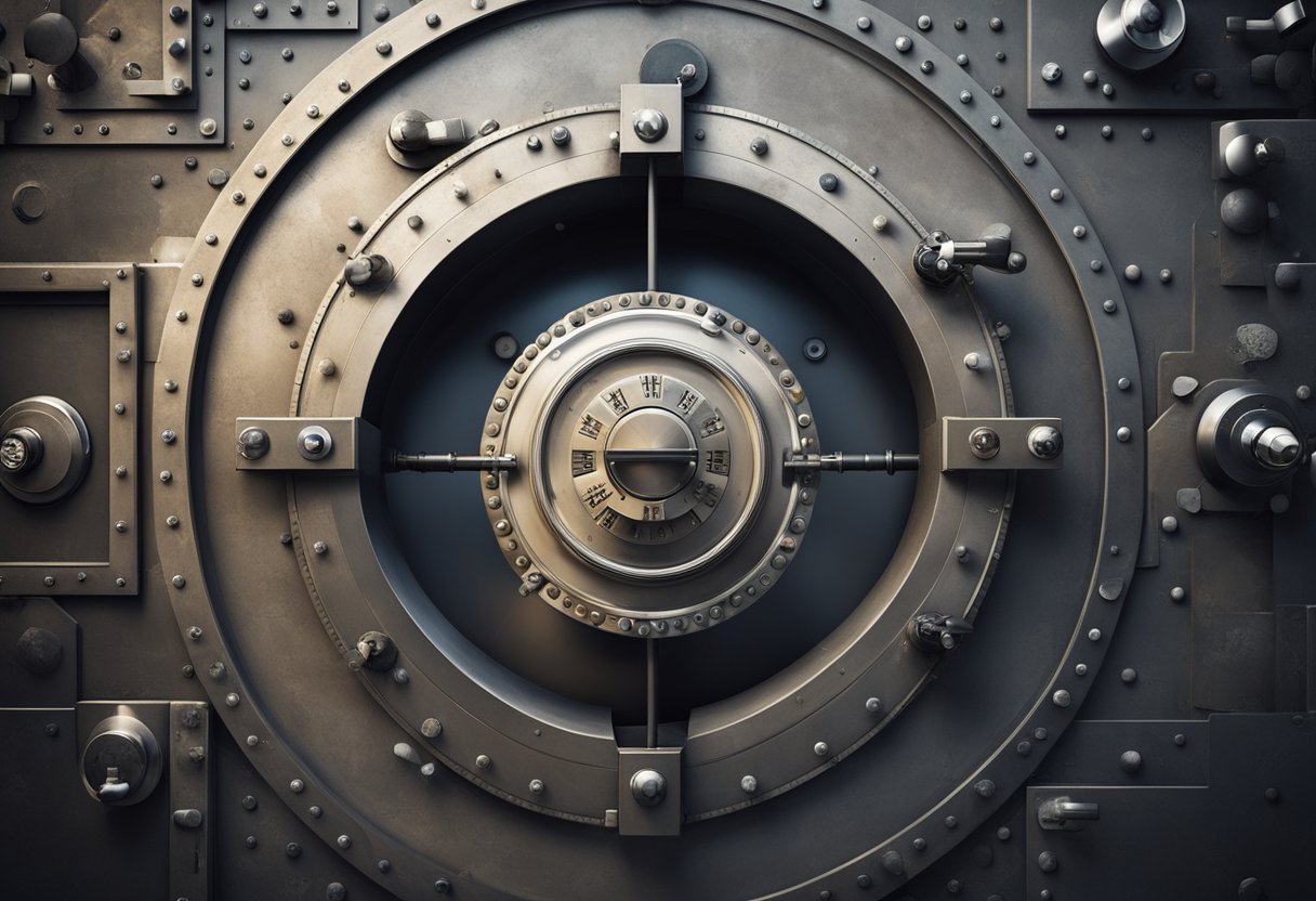 Uma porta de cofre robusta com uma grande e intrincada fechadura de combinação. A porta é cercada por grossas paredes de concreto e pesadas medidas de segurança.