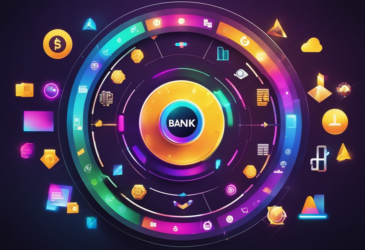 Um logotipo de banco digital vibrante com uma seta giratória, cercado por ícones de tecnologia moderna e formas geométricas coloridas