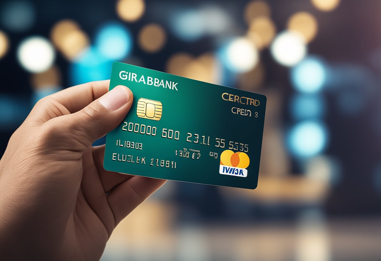 Uma mão segurando um cartão de crédito Girabank com um design moderno e elegante, contra um fundo de uma interface de banco digital.