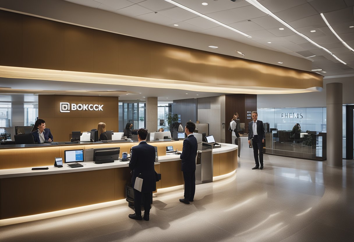 Um interior de banco movimentado com funcionários ajudando clientes em mesas e um logo exibido de forma proeminente