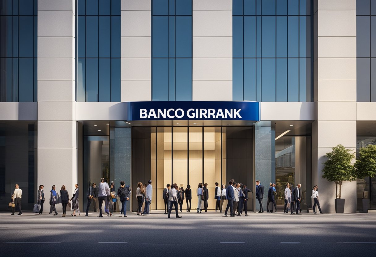 Um prédio bancário vibrante e moderno com o nome "Banco Girabank" exibido de forma proeminente. Uma fila de pessoas ansiosamente esperando para entrar.