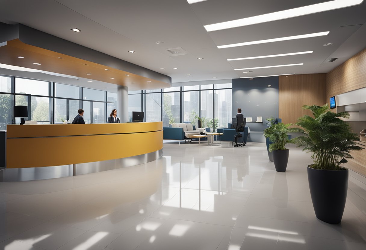 Um ambiente de escritório moderno com um logotipo da Girabank em destaque em uma tela digital, com uma atmosfera profissional e candidatos a emprego em potencial aguardando no saguão.