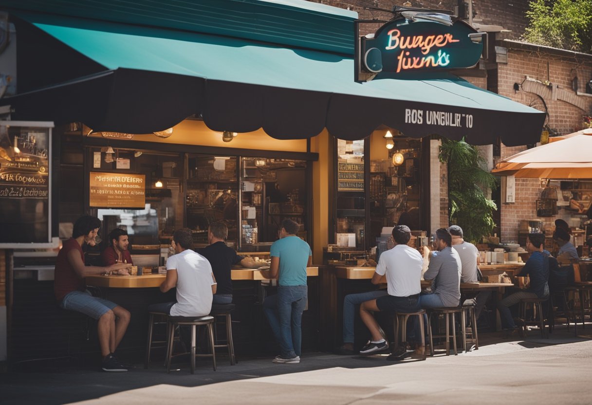 Uma hamburgueria movimentada com uma placa colorida, mesas ao ar livre e uma entrada acolhedora. O cheiro de carne grelhando preenche o ar enquanto os clientes fazem fila para fazer o pedido.