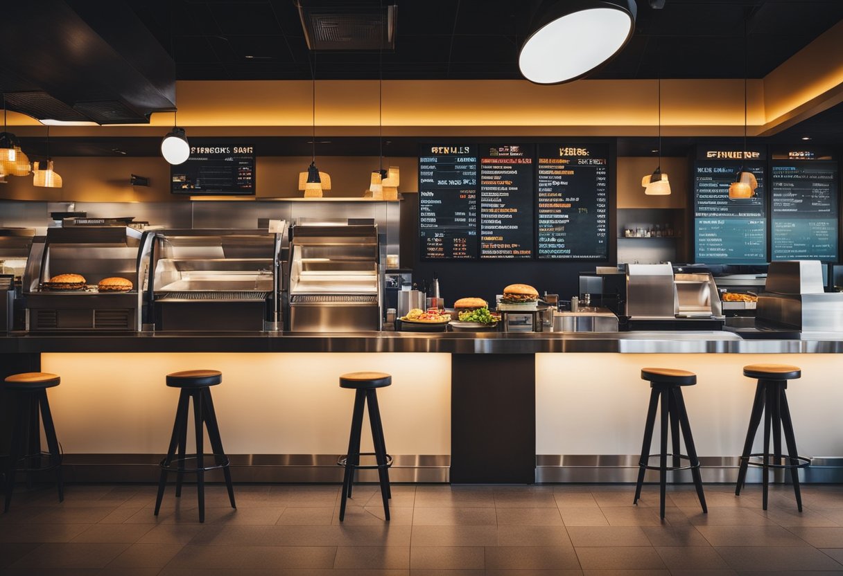 Uma hamburgueria movimentada com um interior vibrante e moderno, apresentando um balcão elegante, grelhas crepitantes e um cardápio colorido.