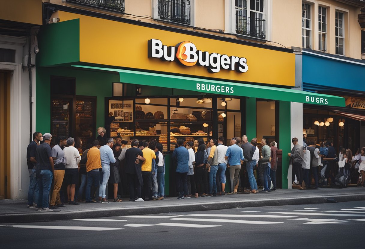 Uma cena movimentada de rua com uma vitrine colorida exibindo o logo da Bburgers. Clientes fazem fila do lado de fora, enquanto Carlinhos Maia supervisiona a abertura da nova hamburgueria.