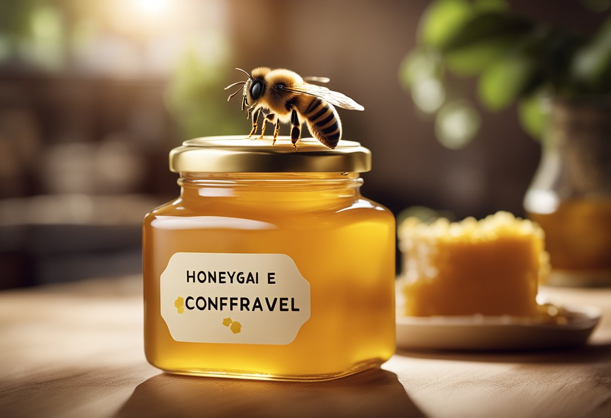 Uma abelha voando sobre um pote de mel, com um rótulo escrito "Honeygain é confiável" em um ambiente de cozinha aconchegante