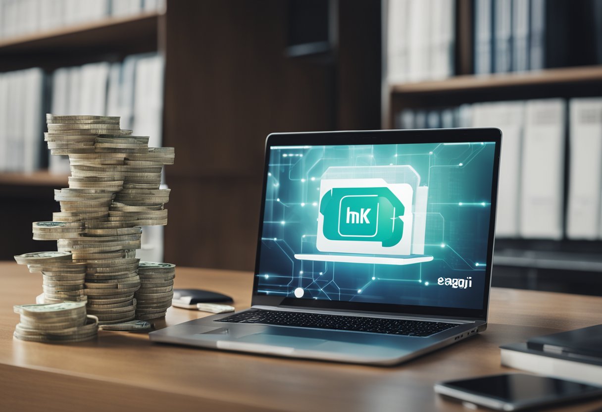 Um laptop com o logotipo do Honeygain na tela, conectado a uma rede segura, cercado por uma pilha de dinheiro.