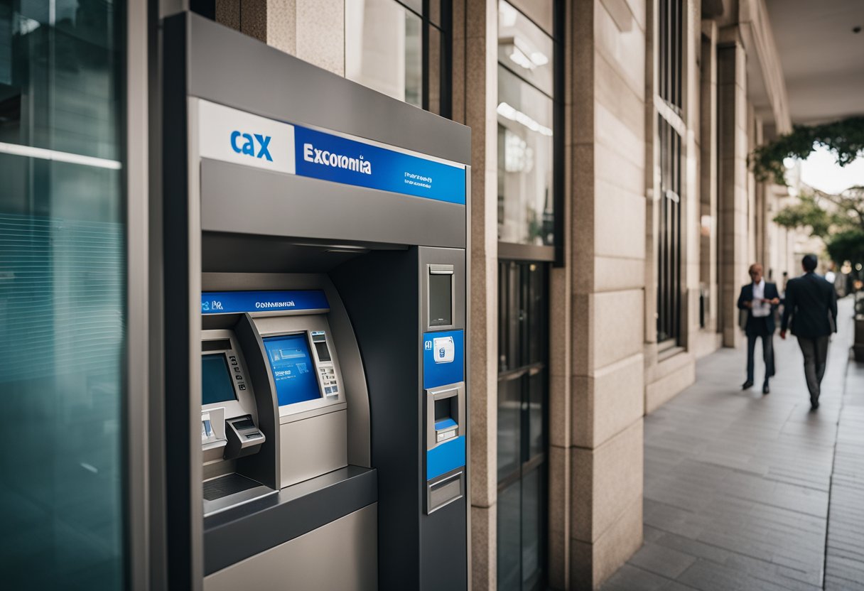 Uma pessoa se aproxima de um caixa eletrônico fora de um banco da Caixa Econômica para fazer um depósito durante o horário comercial.