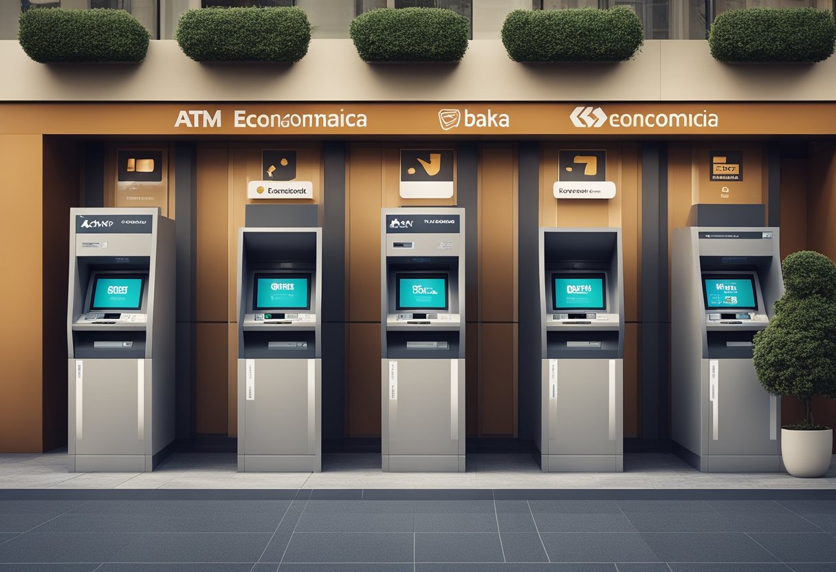 A ilustração mostra uma fila de caixas eletrônicos acessíveis do lado de fora de uma agência da Caixa Econômica, com sinalização clara indicando os horários de depósito.