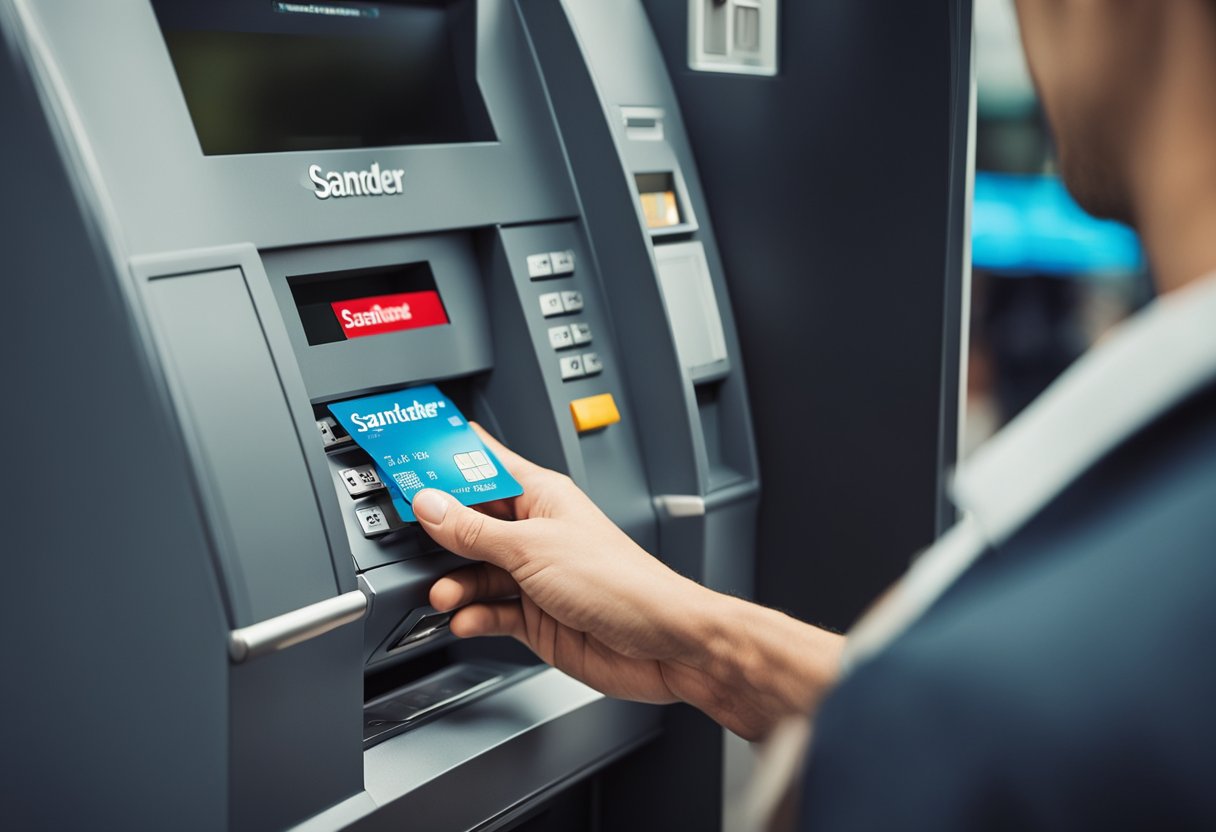 Uma pessoa inserindo um cartão em um caixa eletrônico do Santander durante o horário designado para depósitos.