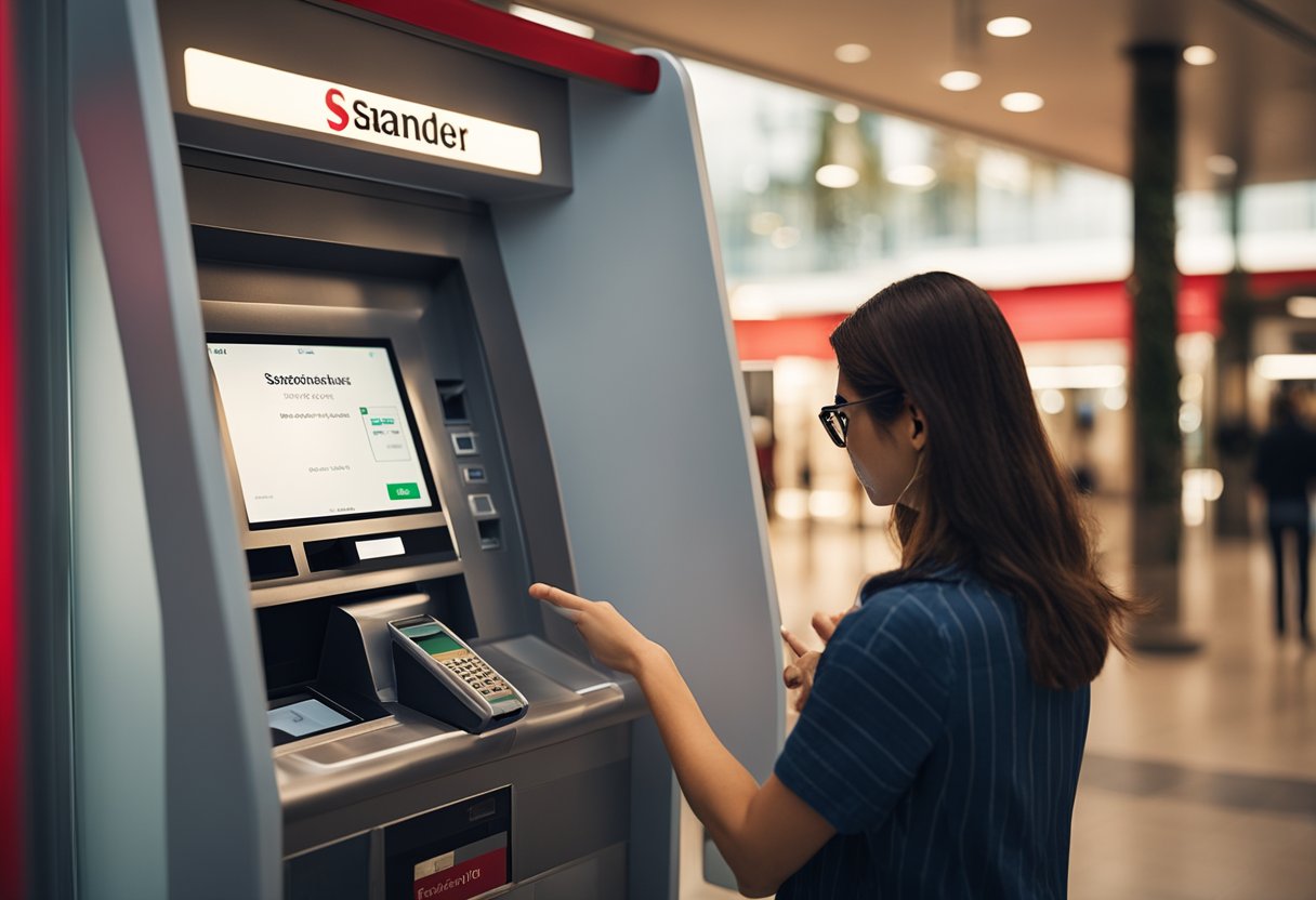 Uma pessoa usando um smartphone para verificar o cronograma de depósito eletrônico em um caixa eletrônico do Santander