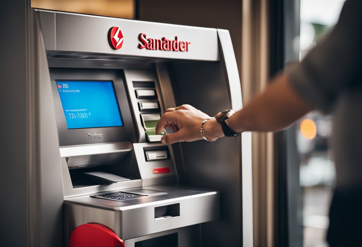 Uma pessoa usando um caixa eletrônico do Santander para depositar dinheiro, com um relógio mostrando o limite de tempo para confirmação do depósito.