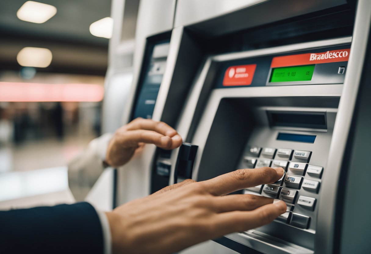 Uma pessoa inserindo dinheiro em um caixa eletrônico do Bradesco durante o horário de depósito designado
