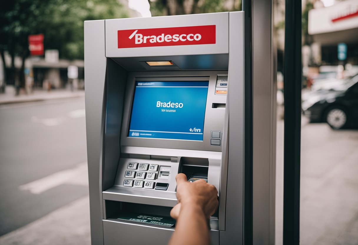 Uma pessoa inserindo dinheiro em um caixa eletrônico do Bradesco durante o dia