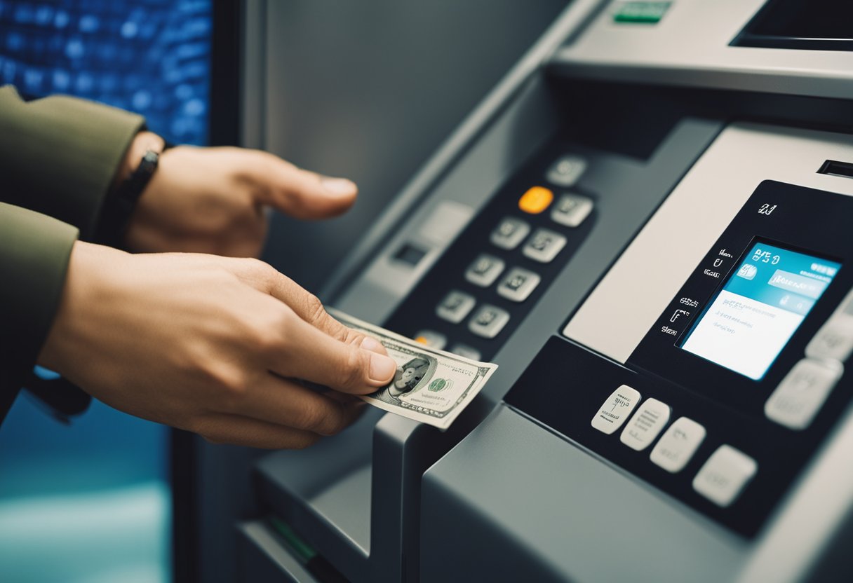 Uma pessoa inserindo dinheiro em um caixa eletrônico do Bradesco durante o horário bancário