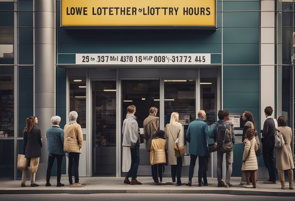 Uma fila de pessoas do lado de fora de um escritório de loteria bem iluminado, com uma placa exibindo os horários de funcionamento