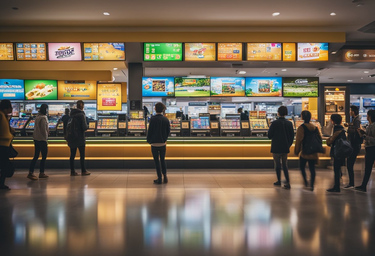 Uma loja de loteria colorida e movimentada, com clientes comprando bilhetes e verificando resultados em telas digitais.