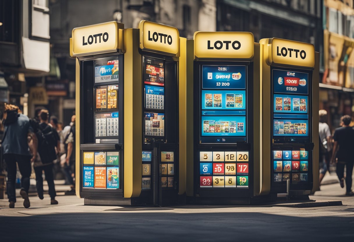 Uma linha de quiosques de loteria em várias localizações, cada um com horários de funcionamento diferentes, cercados por ruas movimentadas e vitrines diversas.