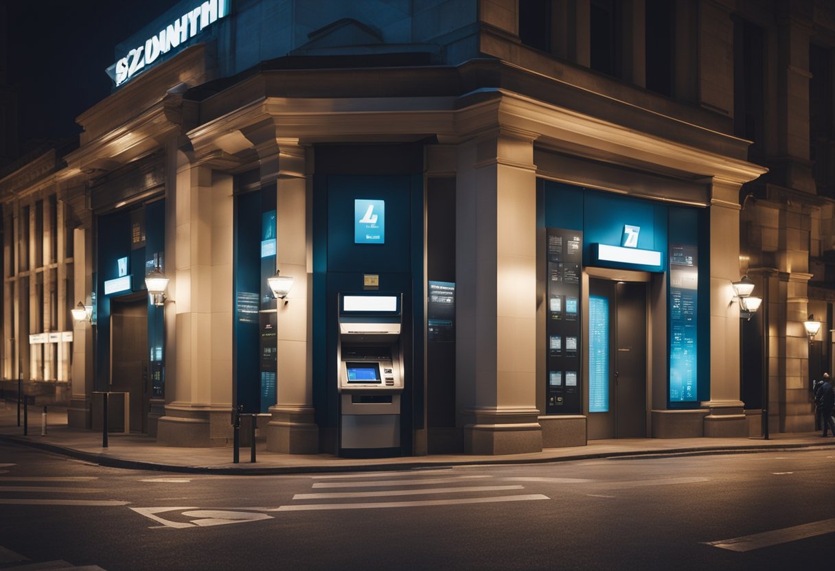 Um banco iluminado com caixas eletrônicos 24 horas, cercado por ruas vazias à noite