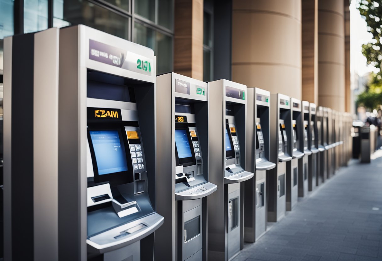 Uma fila de caixas eletrônicos de banco 24 horas com sinalização clara indicando sua localização e horários de funcionamento