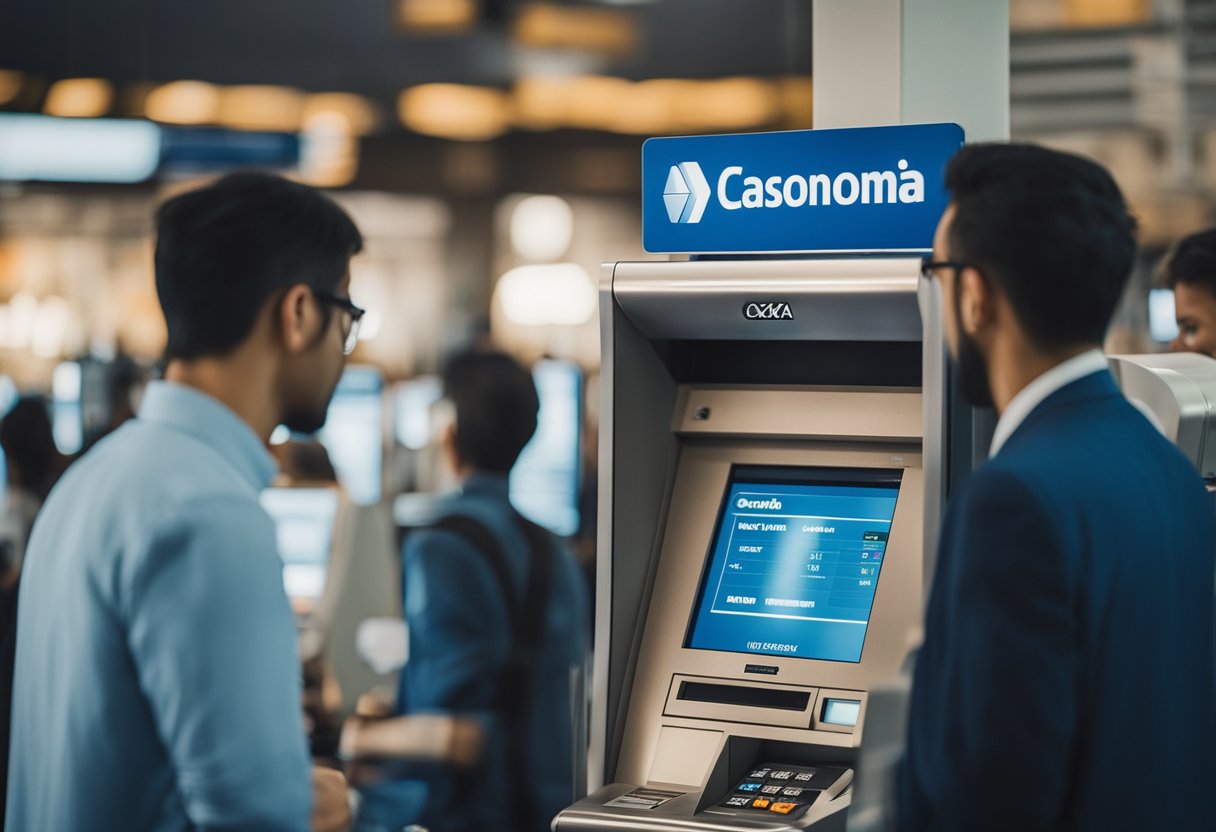 Clientes usando caixas eletrônicos da Caixa Econômica durante o horário comercial