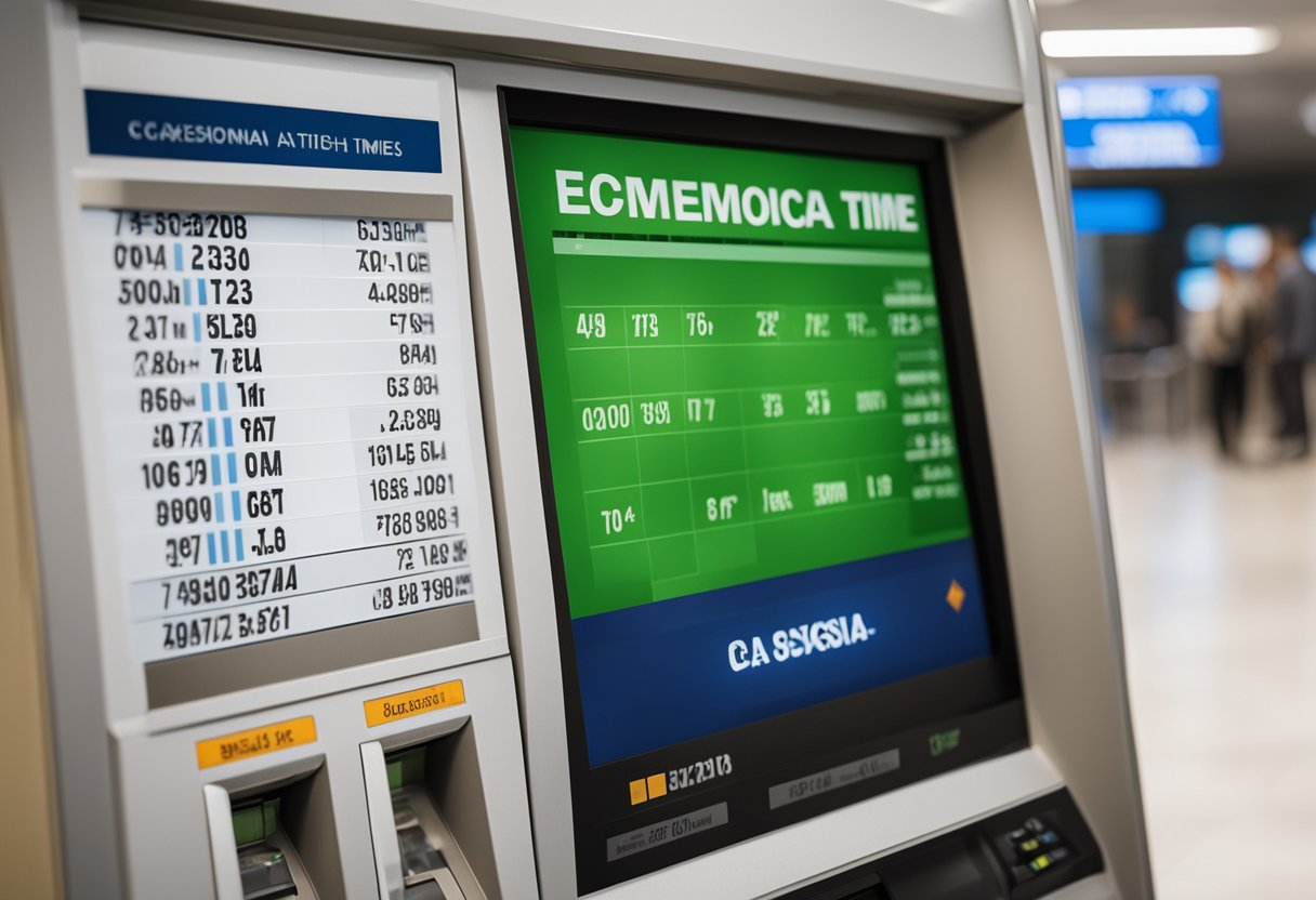 Uma tela de caixa eletrônico exibindo um cronograma de horários de saque em uma agência da Caixa Econômica