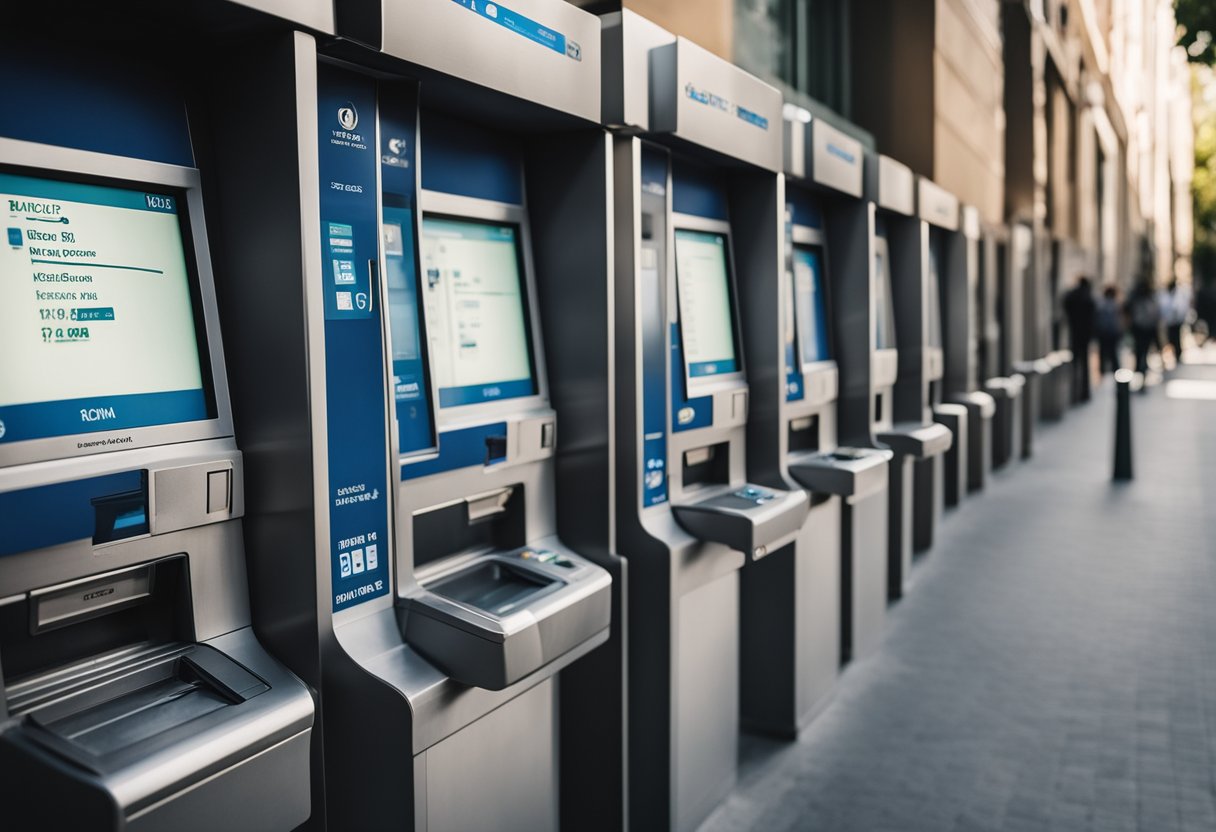 Uma fila de caixas eletrônicos da Caixa Econômica com sinalização clara indicando os horários de funcionamento regulares para saques em dinheiro.