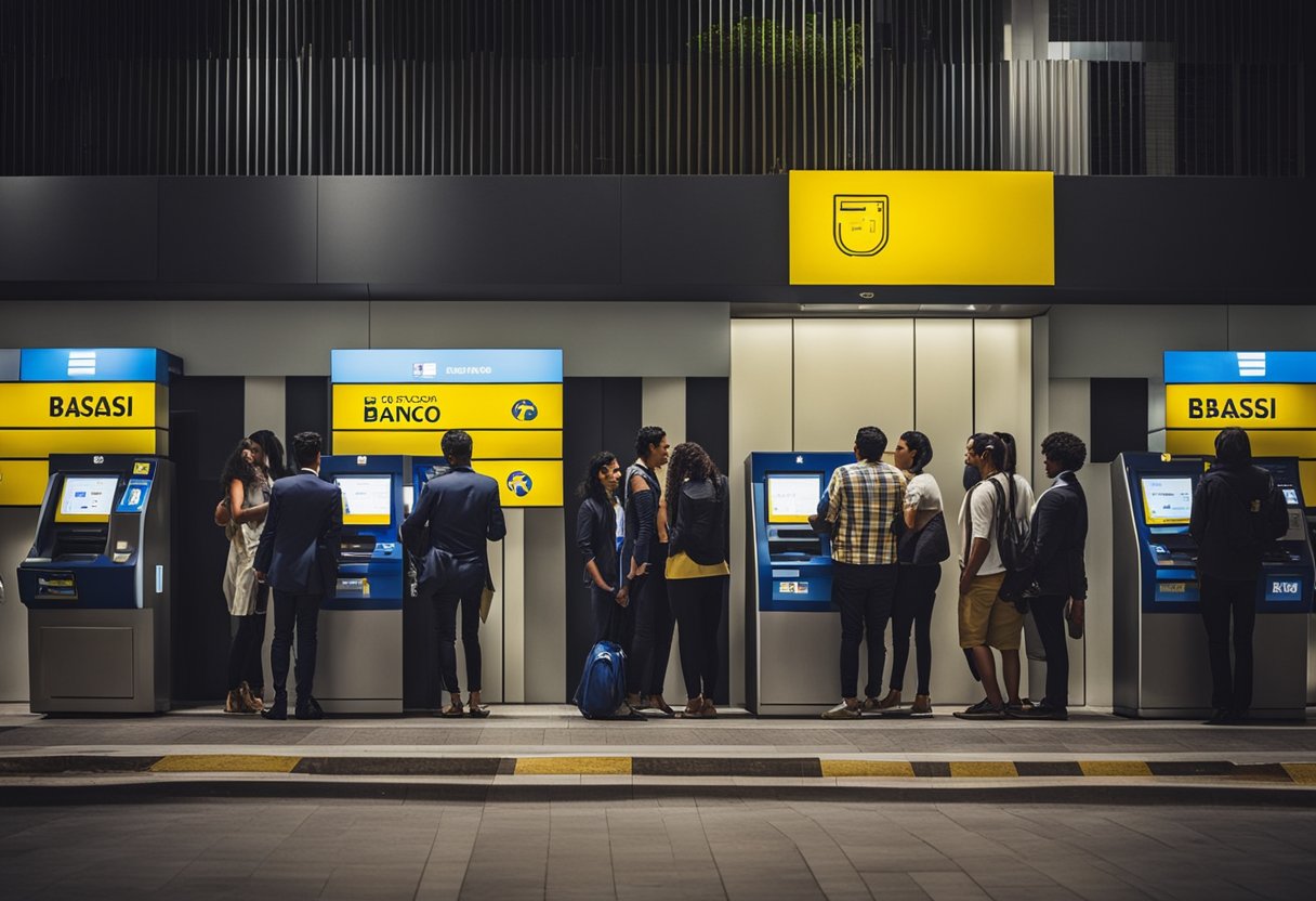 Clientes aguardando na fila nos caixas eletrônicos do Banco do Brasil durante o horário de saque designado.