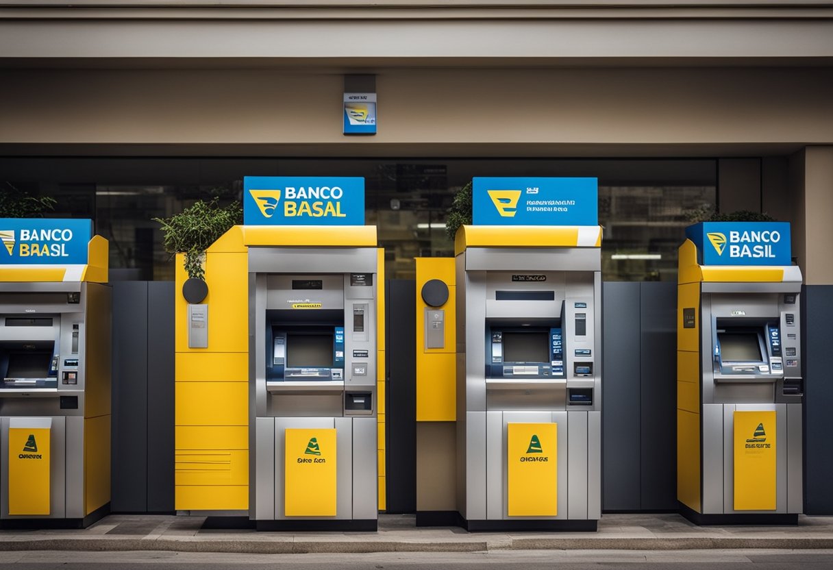 Uma cena ao ar livre com uma fila de caixas eletrônicos do Banco do Brasil, exibindo os horários de funcionamento para saques em dinheiro